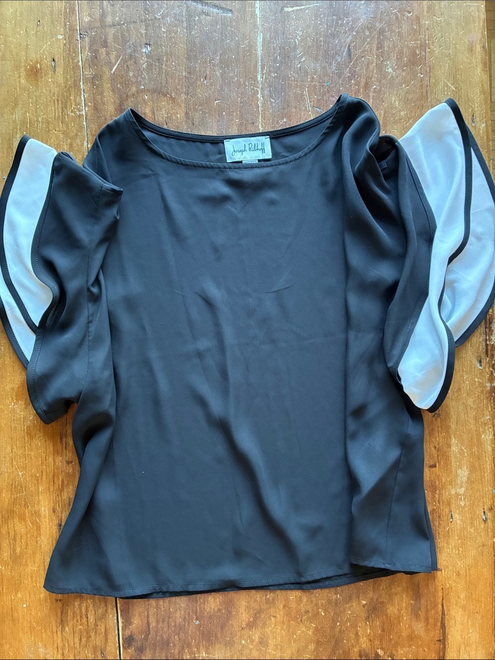 Vintage Joseph Ribkoff Black Blouse with White Trim Ruffle Sleeves